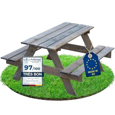 Afbeelding van ITA Kinderzitset van hout Picknicktafel Voor kinderen met 2 banken binnen en buiten Kwaliteit rechtstreeks de fabrikant Made in EU Kleur: grijs