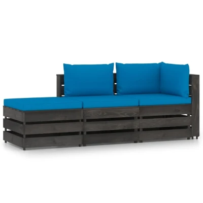 Afbeelding van 3 delige Loungeset met kussens grijs geïmpregneerd hout