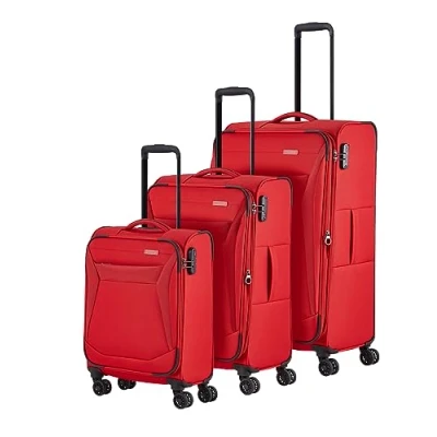 Image de Travelite Set de valises à 4 roues avec coque souple, tailles L/M/S, série Chios Trolley au look intemporel, bagage main conforme l&#039;IATA, rouge, 78 cm, Lot roulettes pour bagages souples