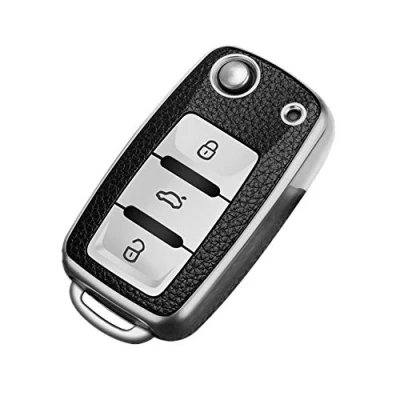 Afbeelding van Happyit Autosleutelhoes TPU + leer voor Volkswagen VW Bora Beetle Tiguan Polo Passat B5 B6 MK5 6 Jetta Eos SEAT Sagitar Golf 3 knoppen (zilver)