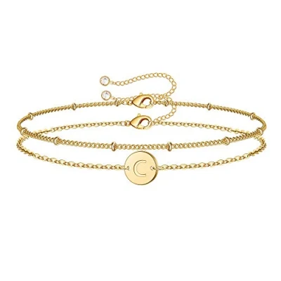 Afbeelding van TINGN gouden armband voor dames, meerlaagse bedelarmband, 14 karaat verguld, met letters van A tot Z, armbandset, gepersonaliseerde cadeaus vrouwen en meisjes, sieraden vrouwen,