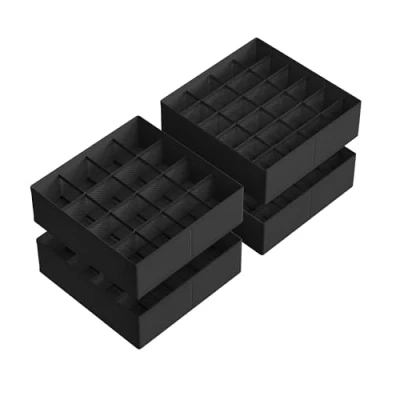 Afbeelding van SONGMICS Set van 4 opvouwbare lade organizers 80 vakken (2 x 16 + 2 24), 30 10 cm, dozen voor sokken, ondergoed, riemen, zwarte inkt RUS011B01