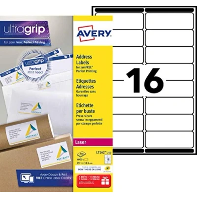 Afbeelding van Avery L7162, Adresetiketten, Laser, Ultragrip, Wit, 250 Vellen, 16 Per Vel, 99,1 X 33,9 Mm Etiket