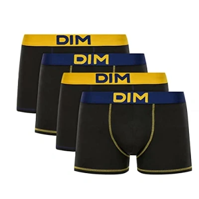 Image de DIM Homme Mix and Colors Coton Stretch x4 Boxer, Noir Jaune Safran/Bleu Marin/Noir Marin, S