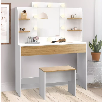 Afbeelding van ZELIA kaptafel wit en beuken met 4 planken, LED spiegel krukje