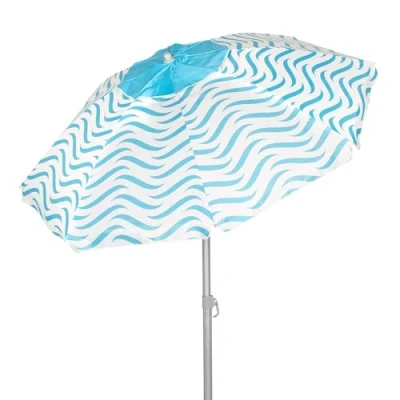 Afbeelding van AKTIVE Parasol de plage anti vent 200 cm, 8 baleines en fibre verre, design vagues plage, ventilation supérieure, protection UV50, mât acier inclinable, 28/32 mm, housse incluse (62440),