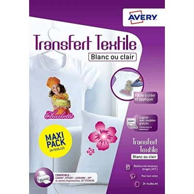Afbeelding van AVERY zak met 24 witte of doorzichtige T shirt textieltransferpapieren, aanpasbaar en afdrukbaar, A4 formaat, inkjetprinten