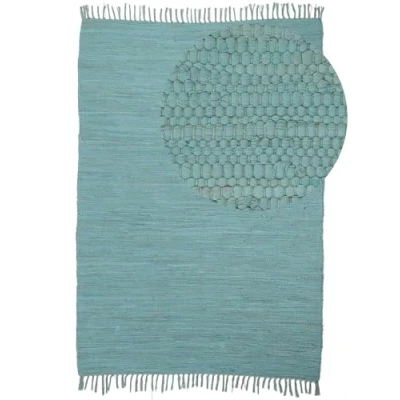 Afbeelding van carpetfine Kelim Chindi patchwork tapijt handgeweven katoen met franjes effen turquoise 70 x 140 cm