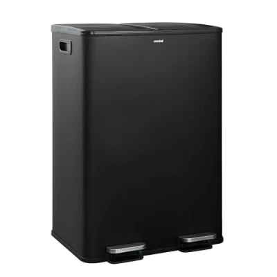 Afbeelding van CASABEL afvalemmer voor keuken, afvalscheiding, 60 l, 2 x 30 dubbele vakken, roestvrij staal, zwart, rechthoekige met pedalen, anti sporen, geurremmend, Frans bedrijf