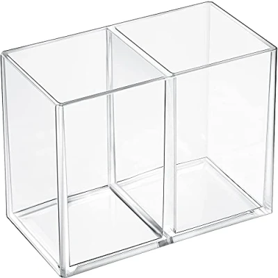 Afbeelding van make upborstelhouder, acrylpotloodhouder, 2 vakken, organizer voor schrijfwaren, kantoor, acryl, transparant, vierkante pennenhouder kwasten, lippenstiften, oogbescherming, up