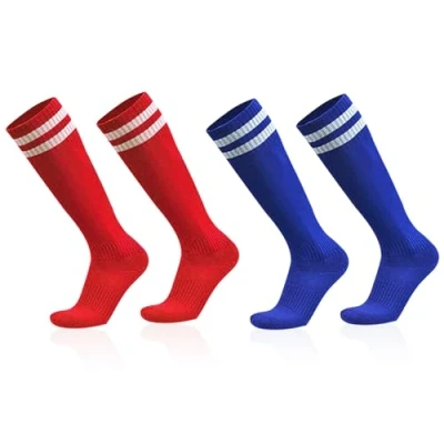 Afbeelding van SKHAOVS Set van 2 paar lange voetbalsokken voor kinderen 5 tot 12 jaar, Rood, Blauw
