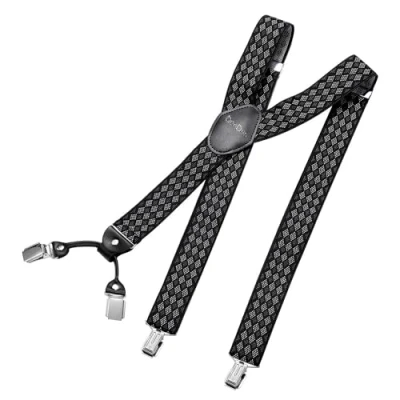 Afbeelding van DonDon brede bretels 3,5 cm 4 Y vormige leren clips elastisch en in lengte verstelbaar zwart blauw, Rhomb grijs wit, one size
