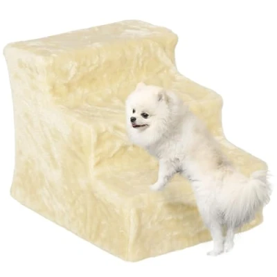 Afbeelding van PawHut Hondentrap met 3 treden 35 cm, pluche look, voor bed, bank, katten tot 5 kg, beige