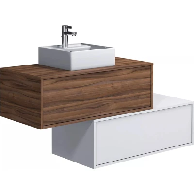 Afbeelding van Donker naturel en wit hangend badkamermeubel met enkele wastafel twee lades 94 cm TEANA II L x H 32 D 47