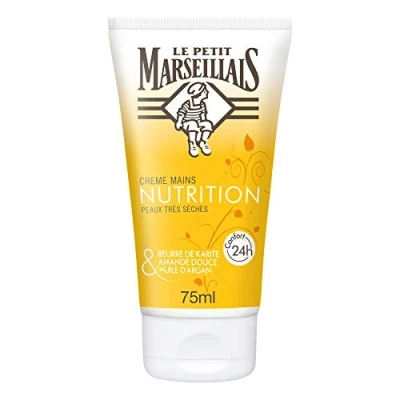 Image de Le Petit Marseillais Crème mains Nutrition Peaux Très Sèches (tube de 75 ml) pour les au beurre karité, amande douce &amp; huile d&#039;argan Soin des 24h confort