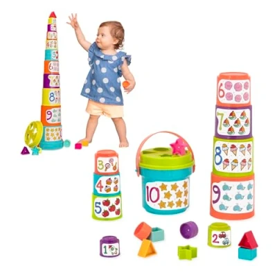 Image de Battat Sort &amp; Stack jouet éducatif Gobelets empilables avec chiffres et formes Pour enfants de 18 mois plus (19 pièces)
