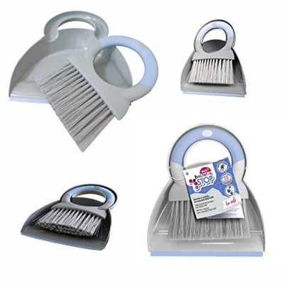 Afbeelding van York tafelveger en stofschep set met zilveren microdeeltjes kleine tafelbezem schep tafelveegset blauw/grijs