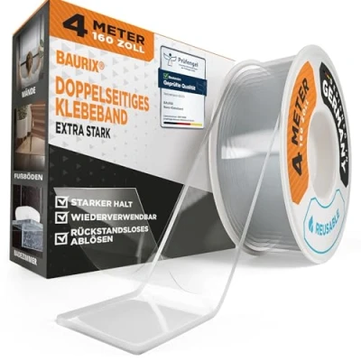Afbeelding van BAURIX® Nano tape dubbelzijdig [4 m] extra sterk Wasbaar siliconen Nanotape transparant Dubbelzijdige Montagetape Plakband rollen Kleefband