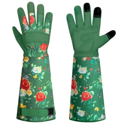 Afbeelding van tuinhandschoenen voor dames en heren, ademend, leren tuinhandschoenen, lange tuinhandschoen met bescherming van de onderarm, tuinieren, schoonmaken, nemen, landschapsarchitectuur