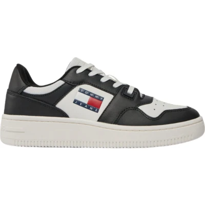 Afbeelding van Tommy Jeans Retro Basket Sneakers laag, Dames, Maat: 36, Black/ecru Leer en textiel