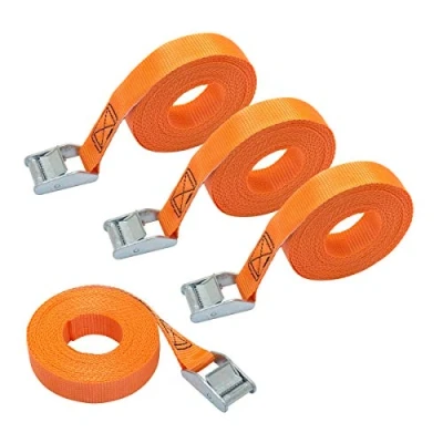 Afbeelding van Amazon Basics Set van 4 spanbanden, lengte 6 m, breedte 25 mm, sjorvermogen 150 kg, volgens DIN EN 12195 2 Oranje
