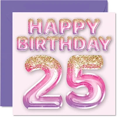 Afbeelding van Stuff4 Verjaardagskaart voor vrouwen, 25 jaar, roze en paarse glitterballonnen, verjaardagskaarten vrouwen van dochter, zus, tante, neef, 145 mm x