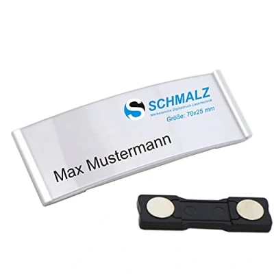 Afbeelding van Schmalz® 10 stuks stijlvolle aluminium naambordjes met sterke magneet dubbele zilver geanodiseerd professionele kwaliteit gebogen vorm ca. 70 x 25 mm papierinzet (zilver)