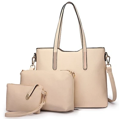 Afbeelding van Miss Lulu 3 stuks dameshandtassen, grote handtas, draagtas, voor kantoor, school, winkelen, reizen, elegant, kunstleer, Beige