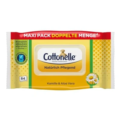 Afbeelding van Cottonelle Wc papier, natuurlijk voedend, kamille en aloë vera, biologisch afbreekbaar, plasticvrij, hersluitbaar, 1 x 84 vochtige doekjes (enkele verpakking)