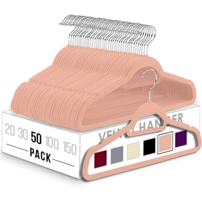 Afbeelding van Utopia Home Hoogwaardige fluwelen kleerhangers Antislip, duurzaam met stropdasstang Ruimtebesparende voor overhemden, jassen en jurken (roze, 50 stuks)