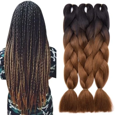 Afbeelding van TESS 24 inch vlechten, extensions, kunsthaar, crochet jumbovlechten, synthetisch haar, ombre, 1 stuk, 100 g/bundel, 60 cm, bruin/zwart extensies