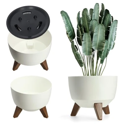 Afbeelding van KADAX Bloempot van kunststof met drie insteeksteunen ronde bloembak, plantenschaal voor balkon, woonkamer Diameter 24 cm, Wit