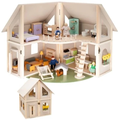 Afbeelding van howa Houten Poppenhuis Opvouwbaar incl. 30 stuks. Meubelset, 4 Poppen en Hond 7016