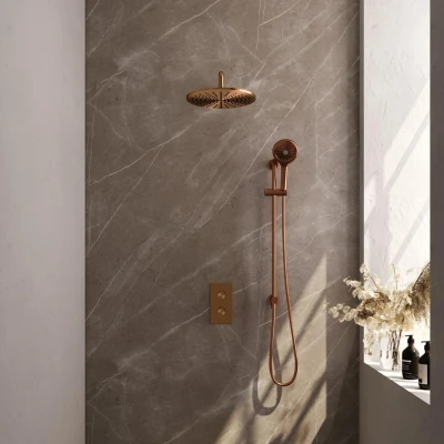 Afbeelding van Brauer Copper Edition Regendoucheset inbouw hoofddouche 30cm Gladde knop handdouche rond 3 standen glijstang PVD geborsteld koper