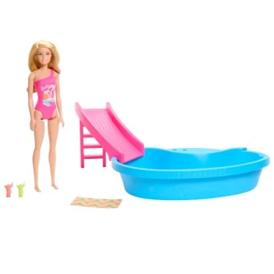Afbeelding van Barbie Coffret Poupée Blonde avec Maillot De Bain Rose Tropical, Piscine, Toboggan, Serviette Et Boissons, À Collectionner, Jouet Enfant, A Partir 3 Ans, HRJ74