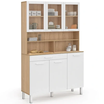 Afbeelding van CINA 120 CM glazen keukenkast met 6 deuren + lade, beuken en witte afwerking