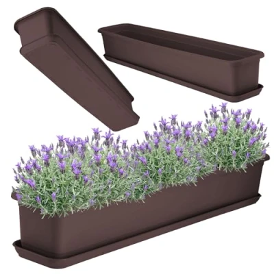 Afbeelding van KADAX plantenbak met onderzetter, kunststof voor binnen en buiten, bloempot balkon, terras, vensterbank (80 cm, bruin)