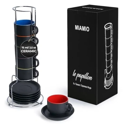 Afbeelding van MIAMIO 6 x 75 ml aardewerk espresso mok / mokken set zwarte buitenkant kleurrijke binnenkant Le Papillon Collectie