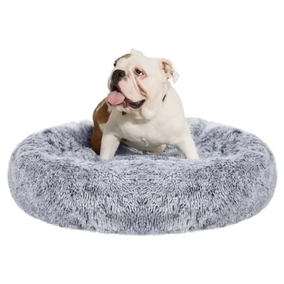 Afbeelding van Feandrea Hondenbed rond in donutvorm, zetel, centraal kussen, afneembaar en wasbaar, zacht pluche, diameter 90 cm, schaduwgrijs PGW041G01