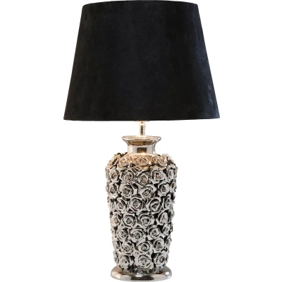 Afbeelding van Kare Design tafellamp roze zilver zwart keramische voet met rozenblaadjes decoratieve lamp niet inbegrepen 59 x 34 cm (h b d)