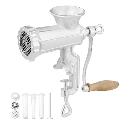 Afbeelding van VEVOR Handmatige vleesmolen van robuust gietijzer met tafeltang staal, 1 snijmes, 2 snijplaten, 3 worstbuizen voor rundvlees, peper, champignons