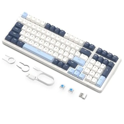 Afbeelding van FREEWOLF K8 Mechanisch gamingtoetsenbord, draadloos, hot swap, bekabeld toetsenbord met achtergrondverlichting, blauwe schakelaar, Bluetooth/2,4 GHz/USB C tri modus 4000 mAh batterij voor Mac/Win