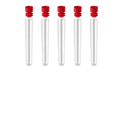 Afbeelding van AE GLAS: 5 stuks reageerbuisjes kunststof met deksel 12 ml transparant (100 x 16 mm) (5 rood)