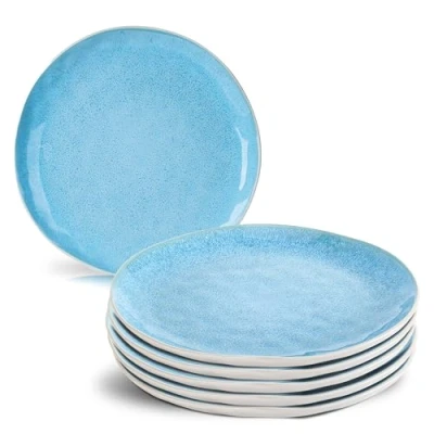 Afbeelding van Lumera collectie 6 x 28 cm borden/platte borden set van aardewerk keramiek servies handbeschilderd blauw