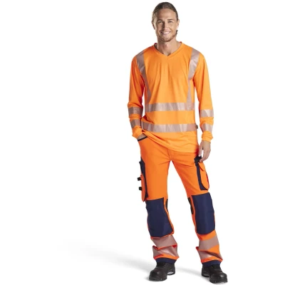 Afbeelding van Blaklader High Vis werkbroek met 4 weg stretch zonder spijkerzakken 1197 1642 Oranje/Marineblauw