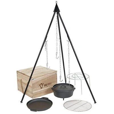 Afbeelding van BBQ Toro Dutch oven, sudderpan, 6 delige set met braadpan in houten kist, gietijzer, ingebrand, pot, pan, grillrooster, driepoot en meer