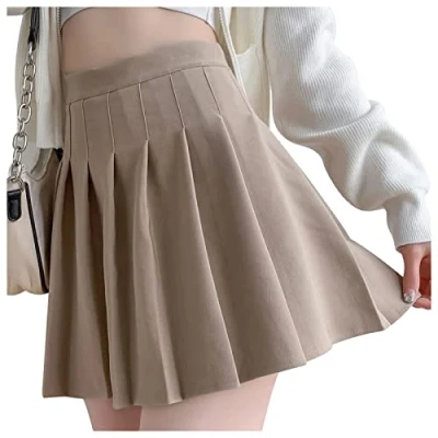 Afbeelding van DRESHOW Retro basic rok, elastisch, uitlopend, minirok, plooirok, casual, voor dames en meisjes, Geplooide rok kaki