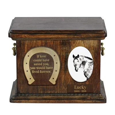 Afbeelding van Appaloosa urn voor paardenas met foto en gepersonaliseerde doos