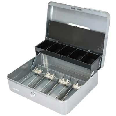 Afbeelding van HMF 15230 09 Afsluitbare geldcassette met muntvak en 4 vakken voor bankbiljetten klem, 30 x 24 9 cm, zilver