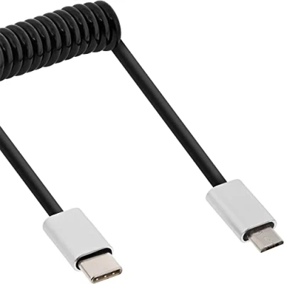 Afbeelding van InLine USB Micro B naar C spiraalkabel USB2.0 tot 2A / zwart 3 meter